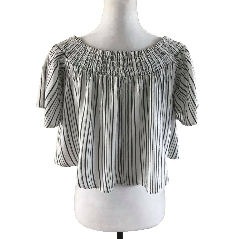 KIMCHI BLUE Short Sleeve Crop Top Sz Small White Black Stripe Shirring Neckline